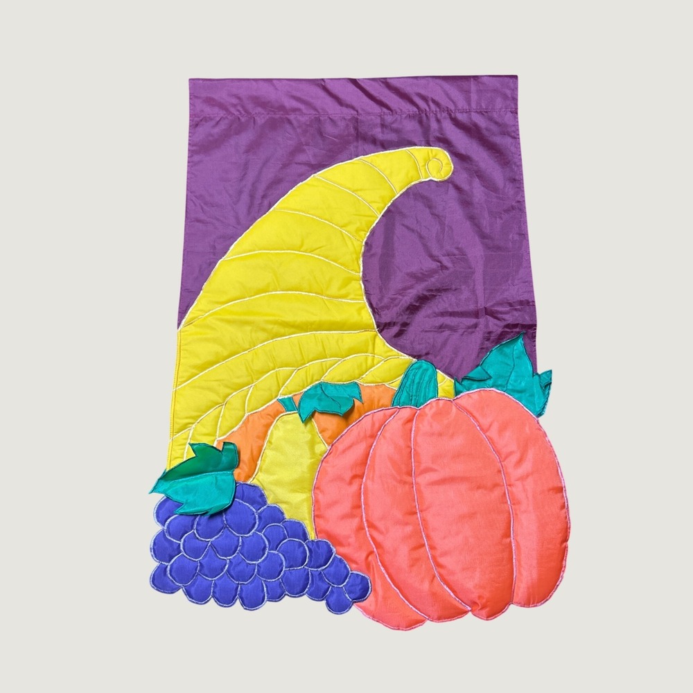 Garden Flag Thanksgiving Harvest Cornucopia Pumpkin 42x30 Vtg Applique Banner